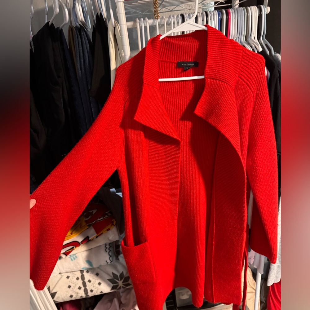 Ann Taylor Red Open-Front Cardigan
